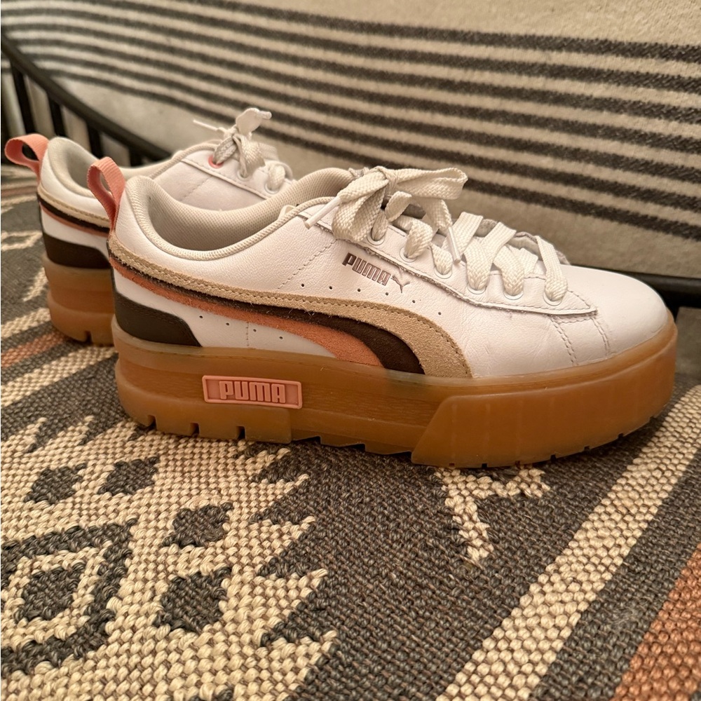 Puma White and Brown Platform Sneakers
